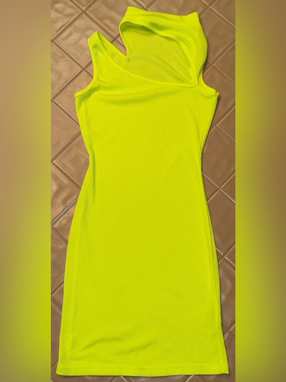 Love & Other Things Neon Yellow Ribbed One Shoulder Bodycon Midi Dress S Small